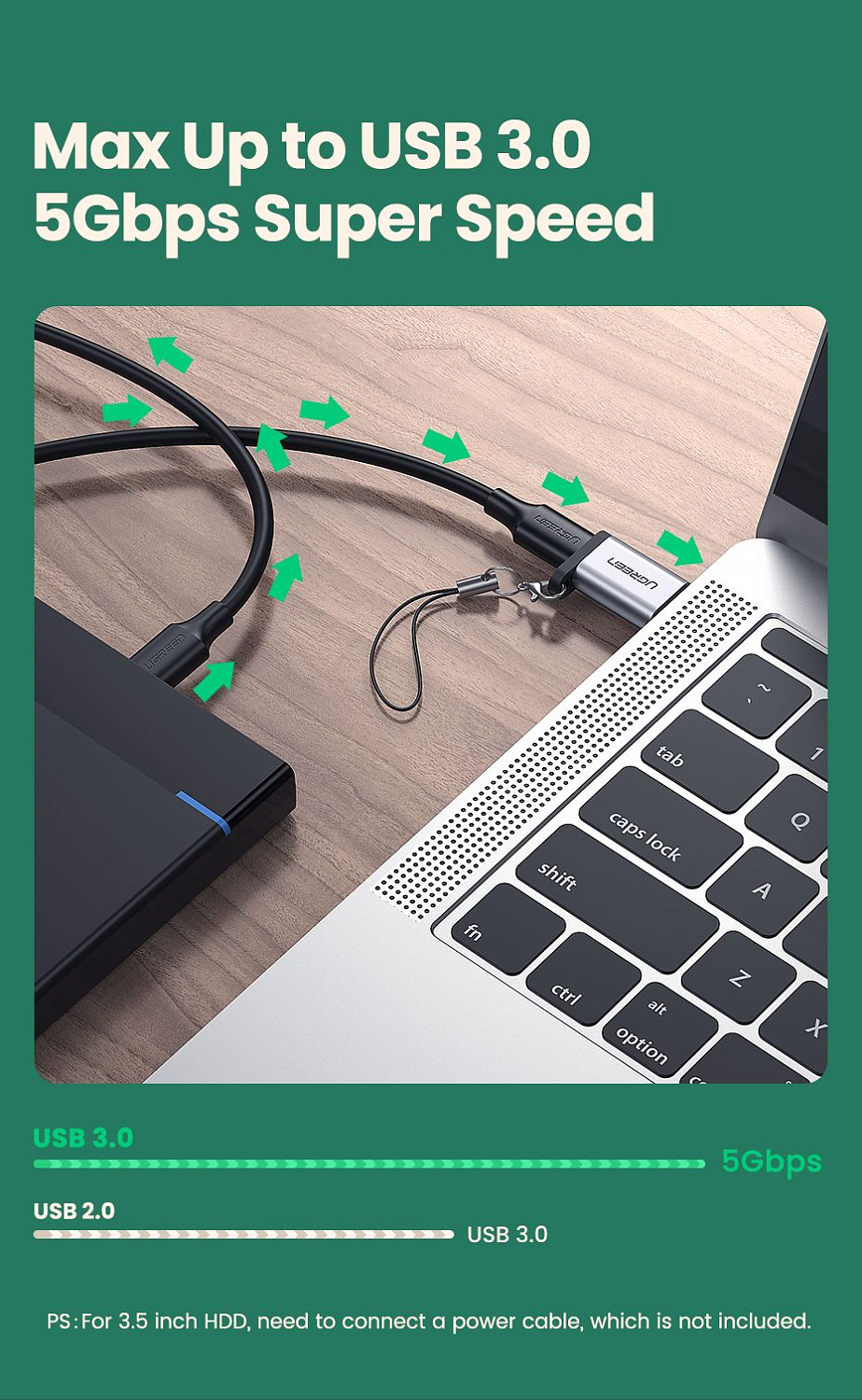 50533 Адаптер UGREEN US276 USB3.0 - Type-C, цвет: серый